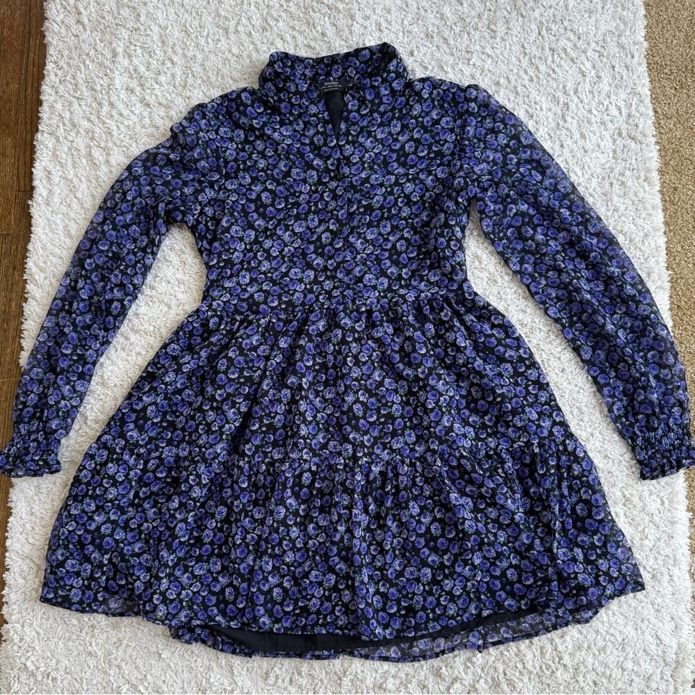 Women's Bershka Floral Print Mini Dress Size S Black Blue